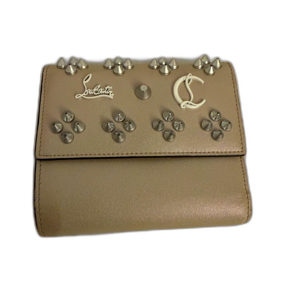 Christian Louboutin Rubifold Wallet Leather Beige Silver Studs Tri-fold with Box